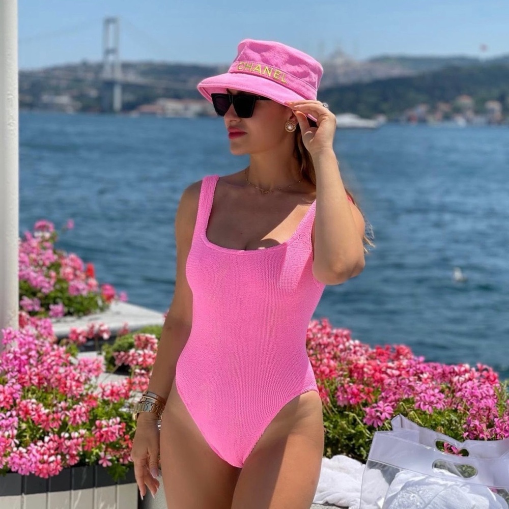 Hunza G square neck one piece swimsuit in bubblegum pink